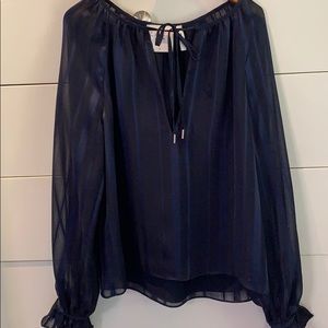 Sheer navy blue blouse fluttery sleeves.